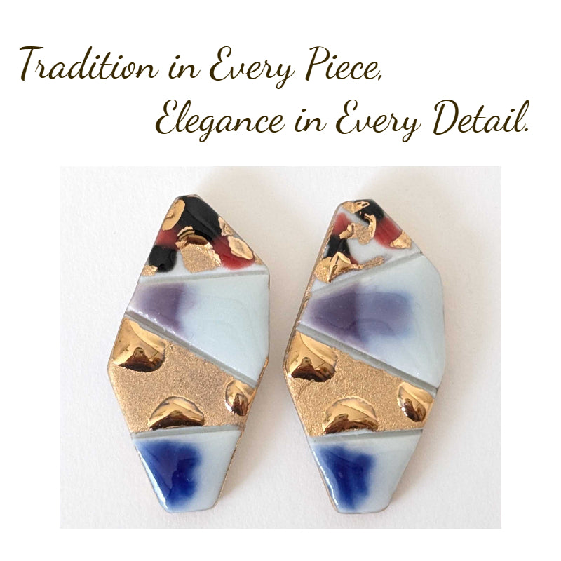 Handmade Arita Porcelain Earrings – Blue, Black & Gold Glaze | Japanese Ceramic Jewelry Gift