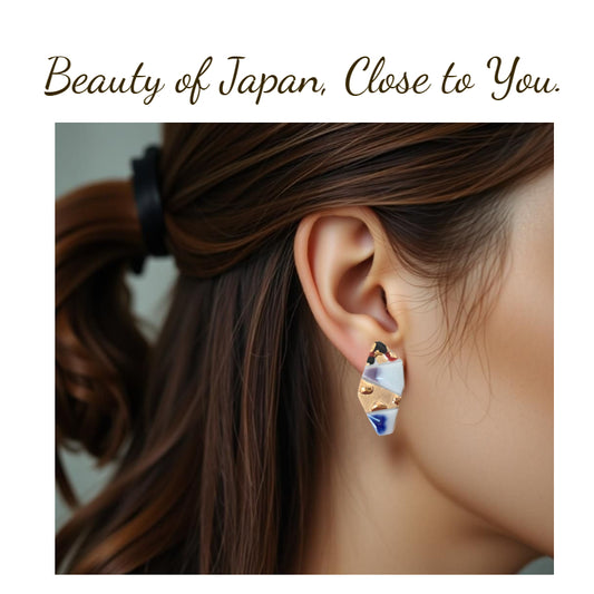 Handmade Arita Porcelain Earrings – Blue, Black & Gold Glaze | Japanese Ceramic Jewelry Gift