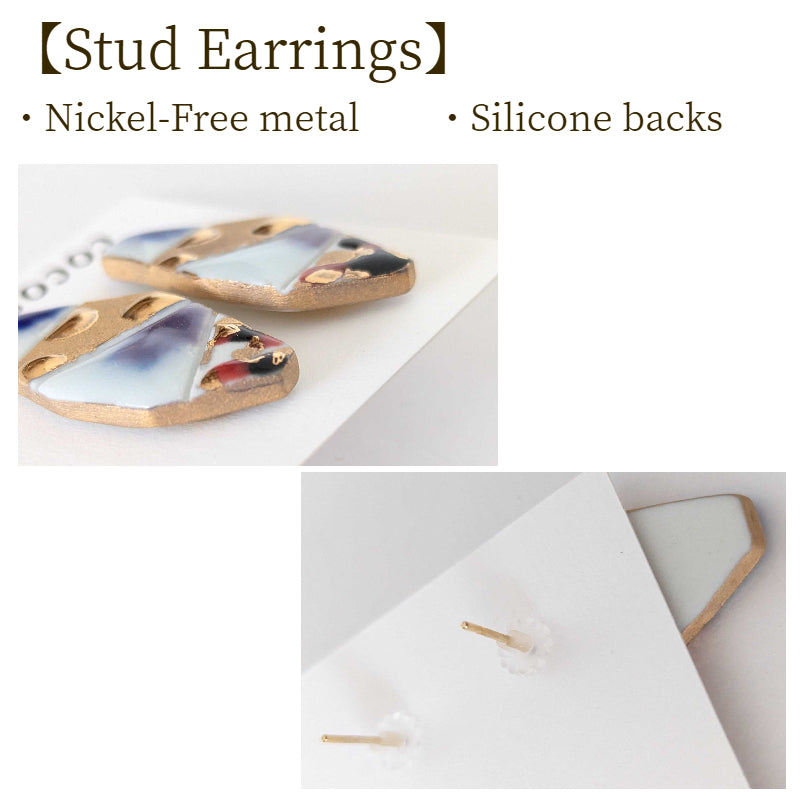 Handmade Arita Porcelain Earrings – Blue, Black & Gold Glaze | Japanese Ceramic Jewelry Gift