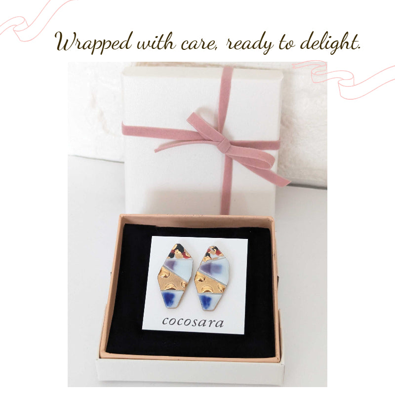 Handmade Arita Porcelain Earrings – Blue, Black & Gold Glaze | Japanese Ceramic Jewelry Gift