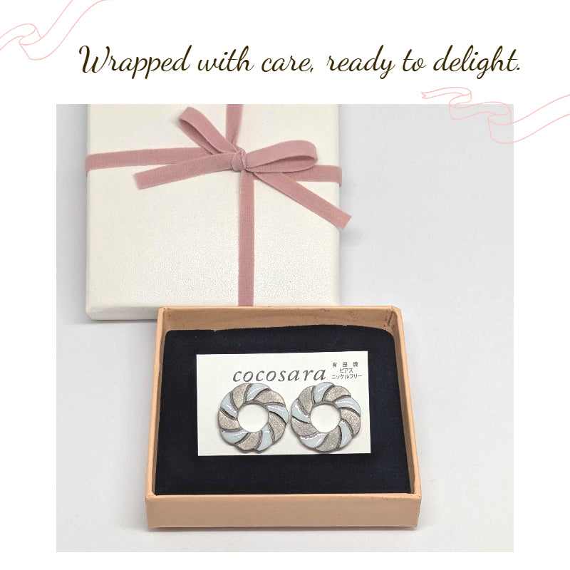 Arita Ware Round Ceramic Earrings | White & Silver | Handmade in Japan