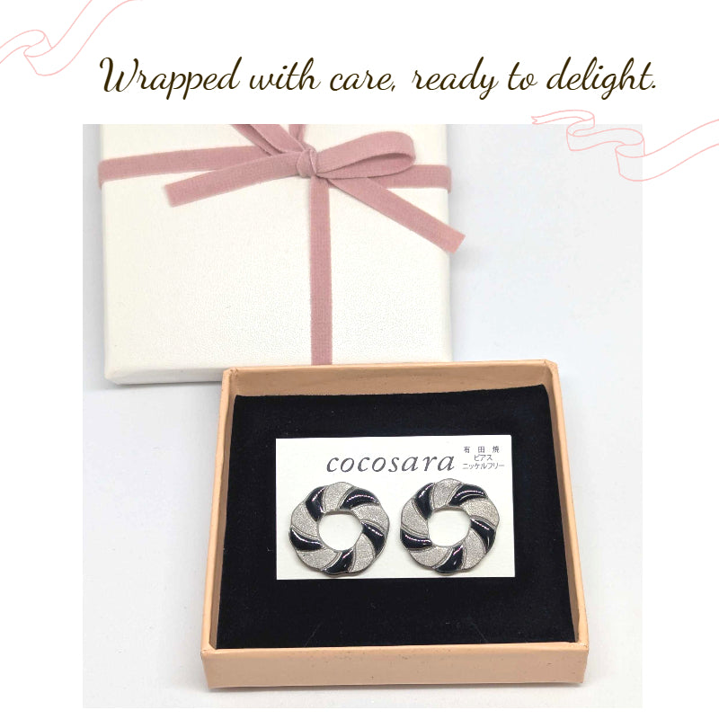 Arita Ware Round Ceramic Earrings | Black & Silver | Handmade in Japan