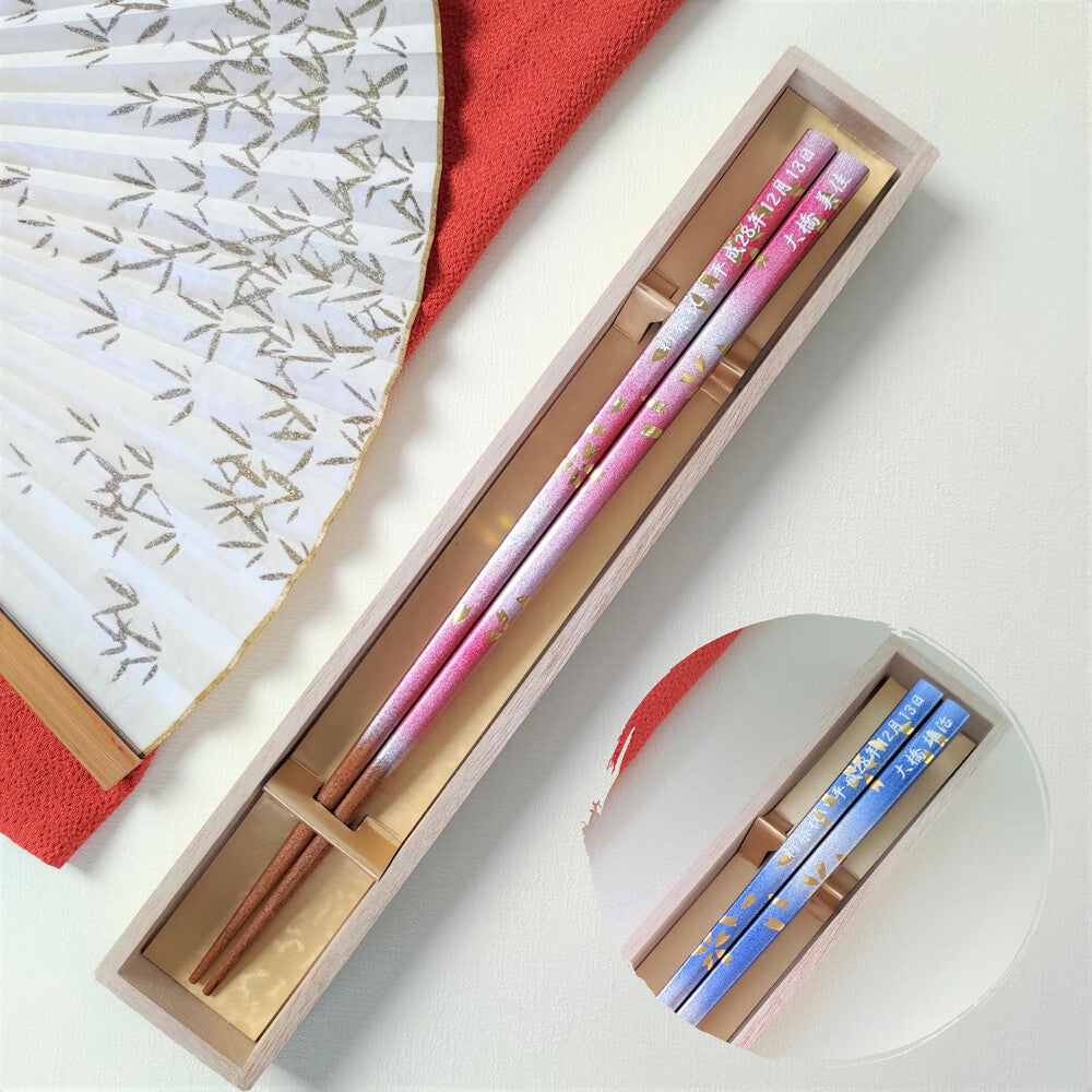 Spring Breeze Japanese Chopsticks blue pink - SINGLE PAIR WITH ENGRAVED WOODEN BOX SET