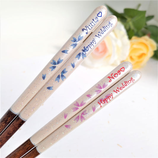 Sakura dream Japanese chopsticks blue pink - DOUBLE PAIR WITH ENGRAVED WOODEN BOX SET