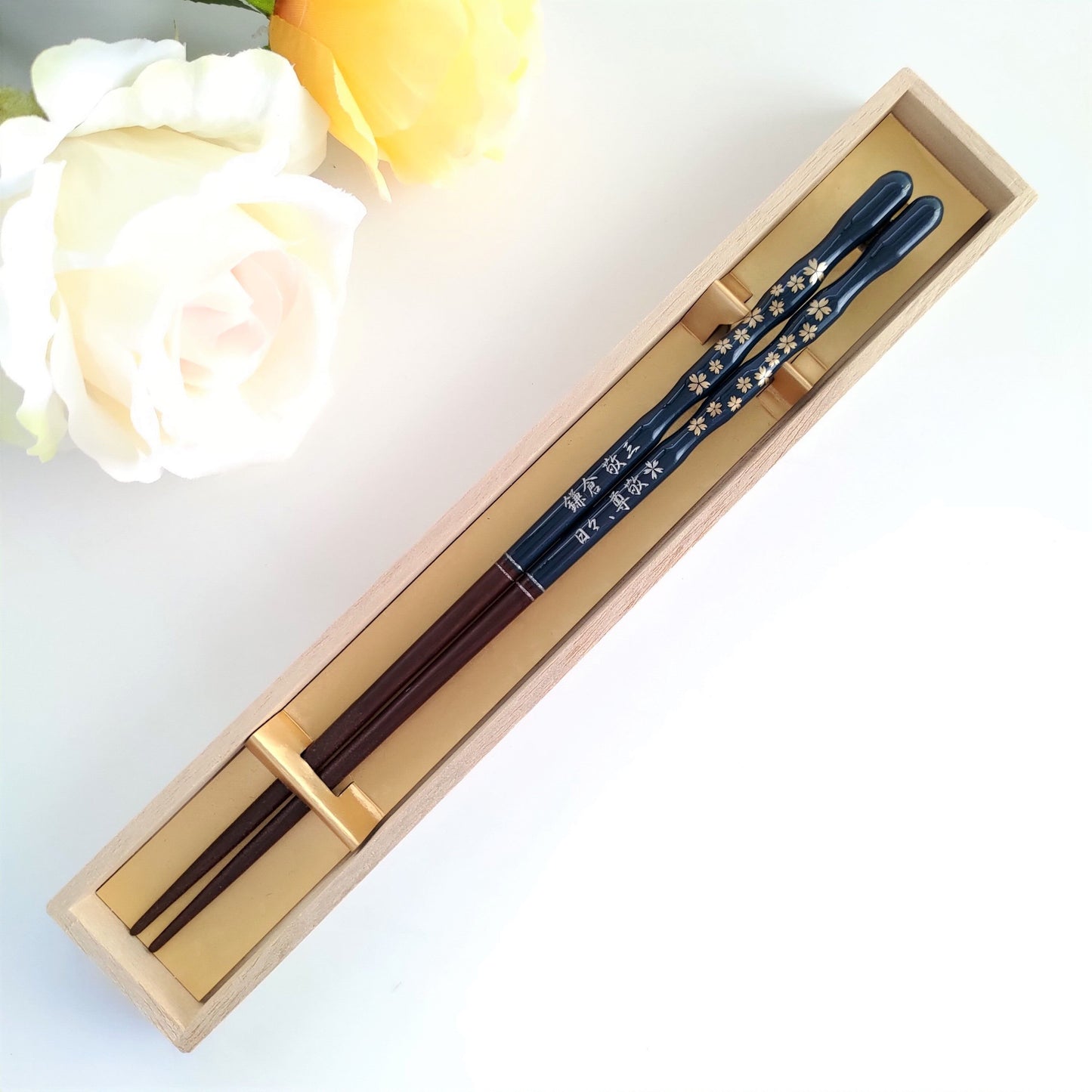 Gold and silver cherry blossoms Japanese chopsticks blue red - SINGLE PAIR WITH ENGRAVED WOODEN BOX SET