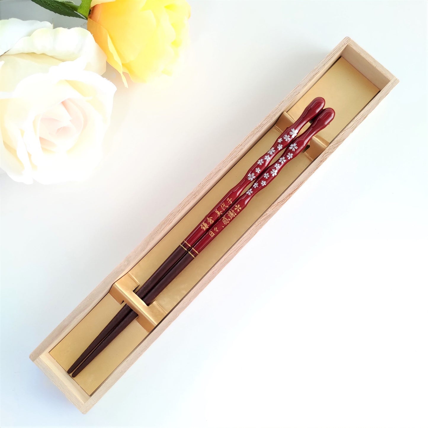 Gold and silver cherry blossoms Japanese chopsticks blue red - SINGLE PAIR WITH ENGRAVED WOODEN BOX SET