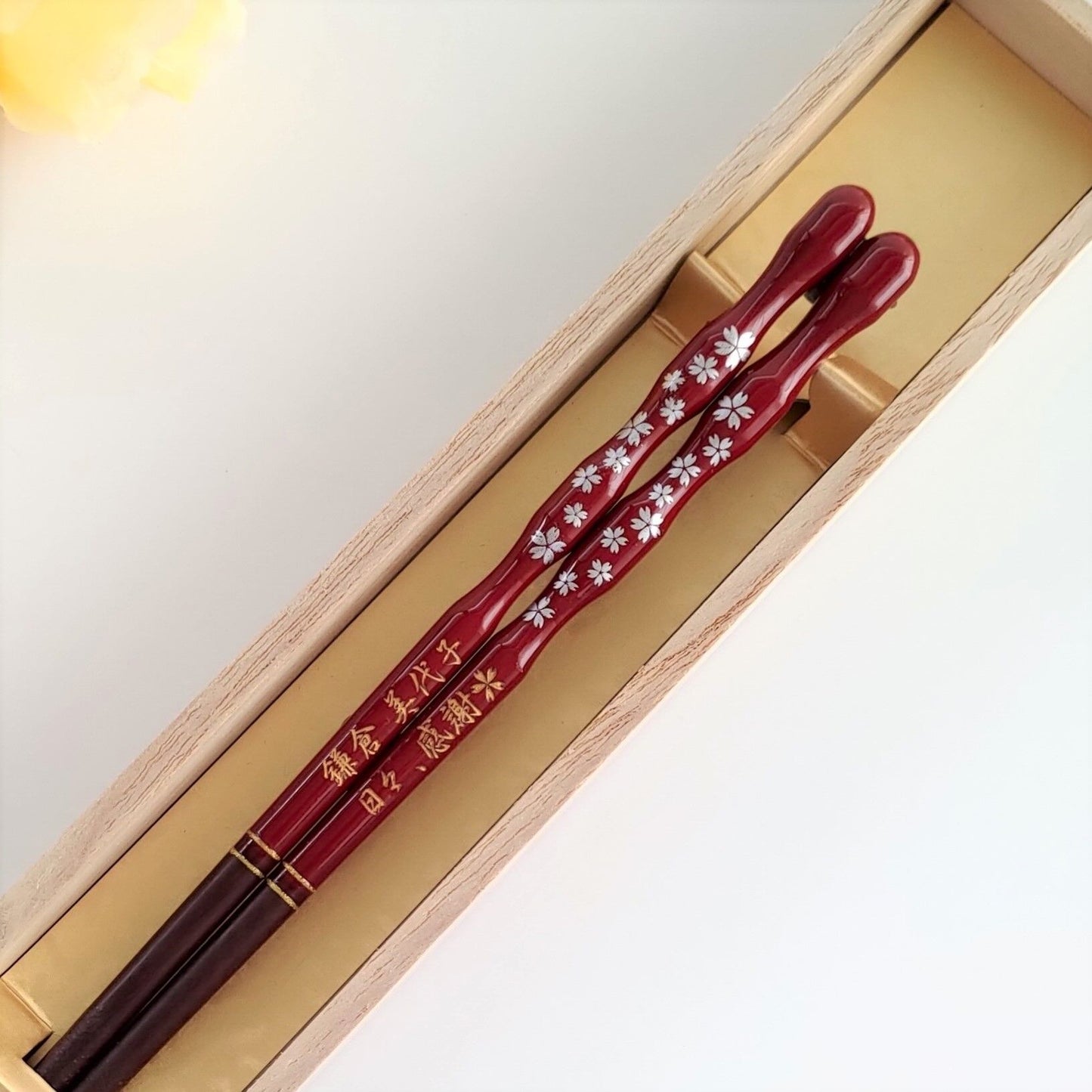 Gold and silver cherry blossoms Japanese chopsticks blue red - SINGLE PAIR WITH ENGRAVED WOODEN BOX SET