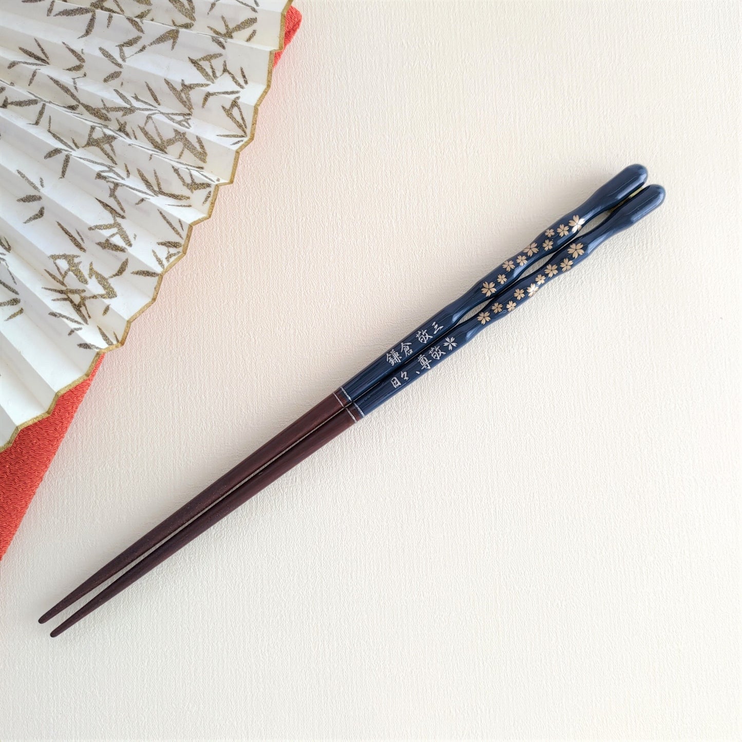 Gold and silver cherry blossoms Japanese chopsticks blue red - SINGLE PAIR WITH ENGRAVED WOODEN BOX SET