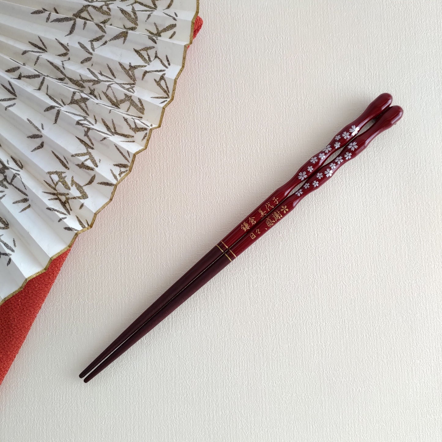 Gold and silver cherry blossoms Japanese chopsticks blue red - SINGLE PAIR WITH ENGRAVED WOODEN BOX SET