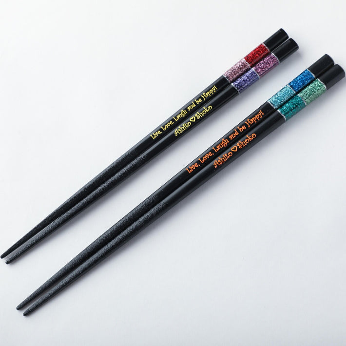 Shiny glitter modern design Japanese chopsticks blue red - SINGLE PAIR WITH ENGRAVED WOODEN BOX SET