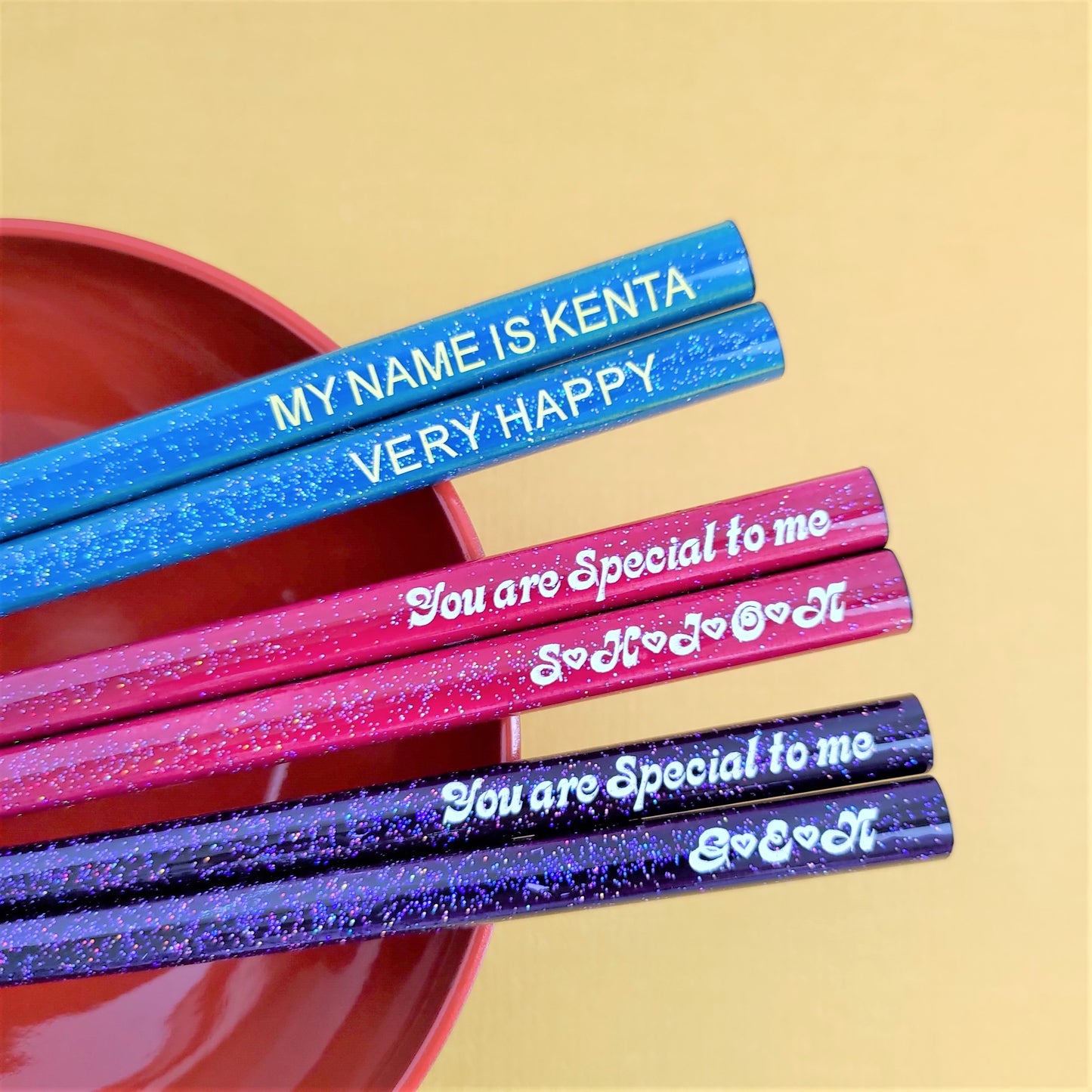 Shiny stars Japanese chopsticks blue red purple - SINGLE PAIR WITH ENGRAVED WOODEN BOX SET