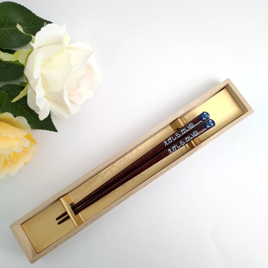 Kid's Lucky Owls Japanese chopsticks blue red - SINGLE PAIR WITH ENGRAVED WOODEN BOX SET