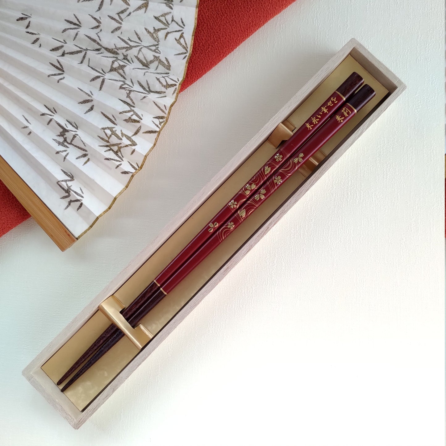 Elegant Japanese chopsticks with cherry blossoms on river stream black red - SINGLE PAIR WITH ENGRAVED WOODEN BOX SET
