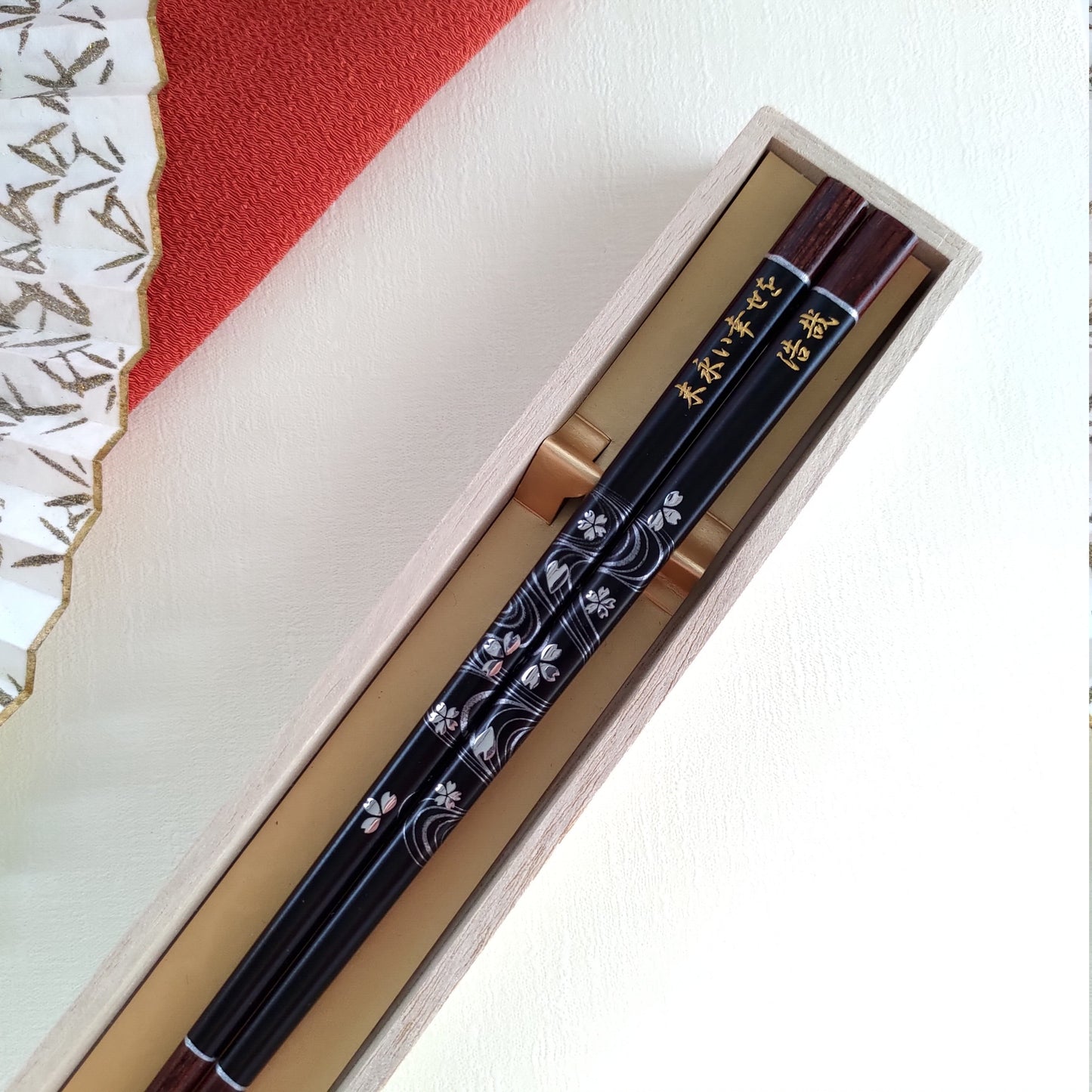 Elegant Japanese chopsticks with cherry blossoms on river stream black red - SINGLE PAIR WITH ENGRAVED WOODEN BOX SET
