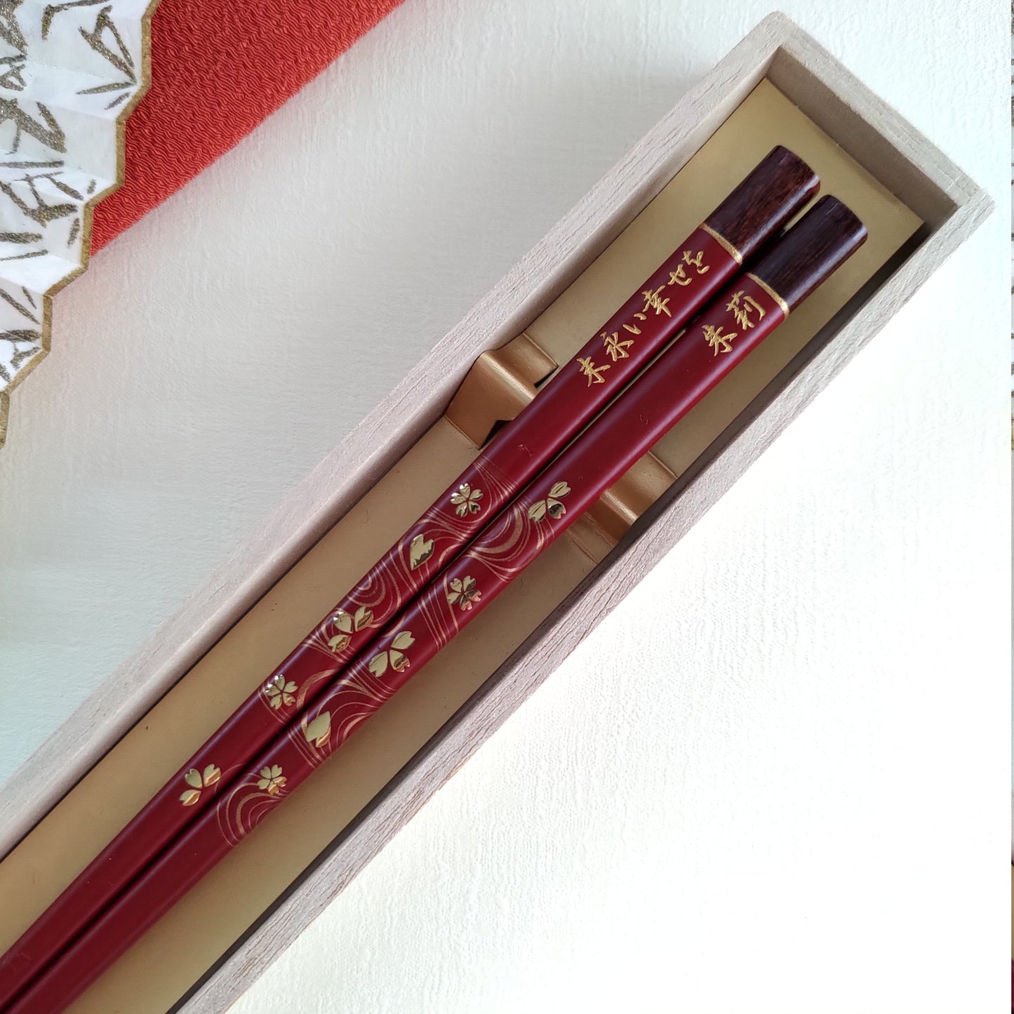 Elegant Japanese chopsticks with cherry blossoms on river stream black red - SINGLE PAIR WITH ENGRAVED WOODEN BOX SET