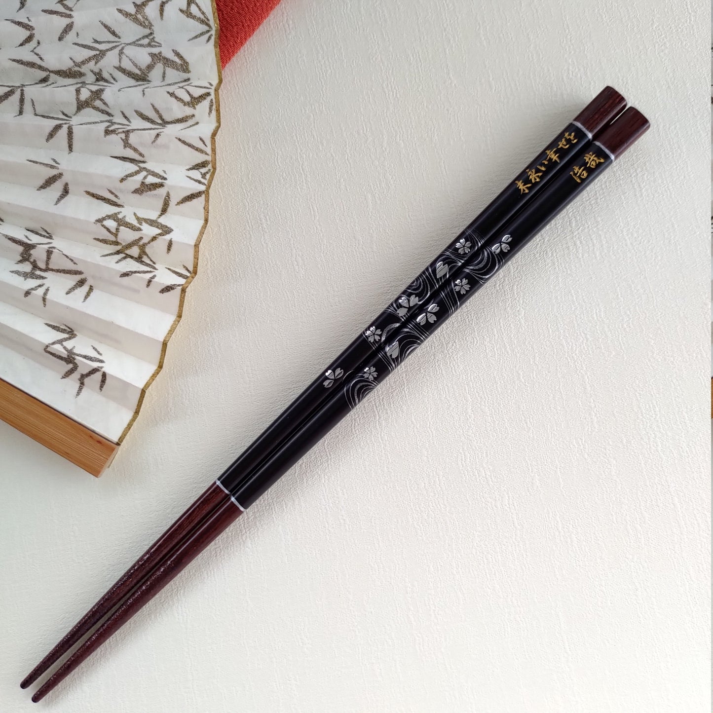 Elegant Japanese chopsticks with cherry blossoms on river stream black red - SINGLE PAIR WITH ENGRAVED WOODEN BOX SET