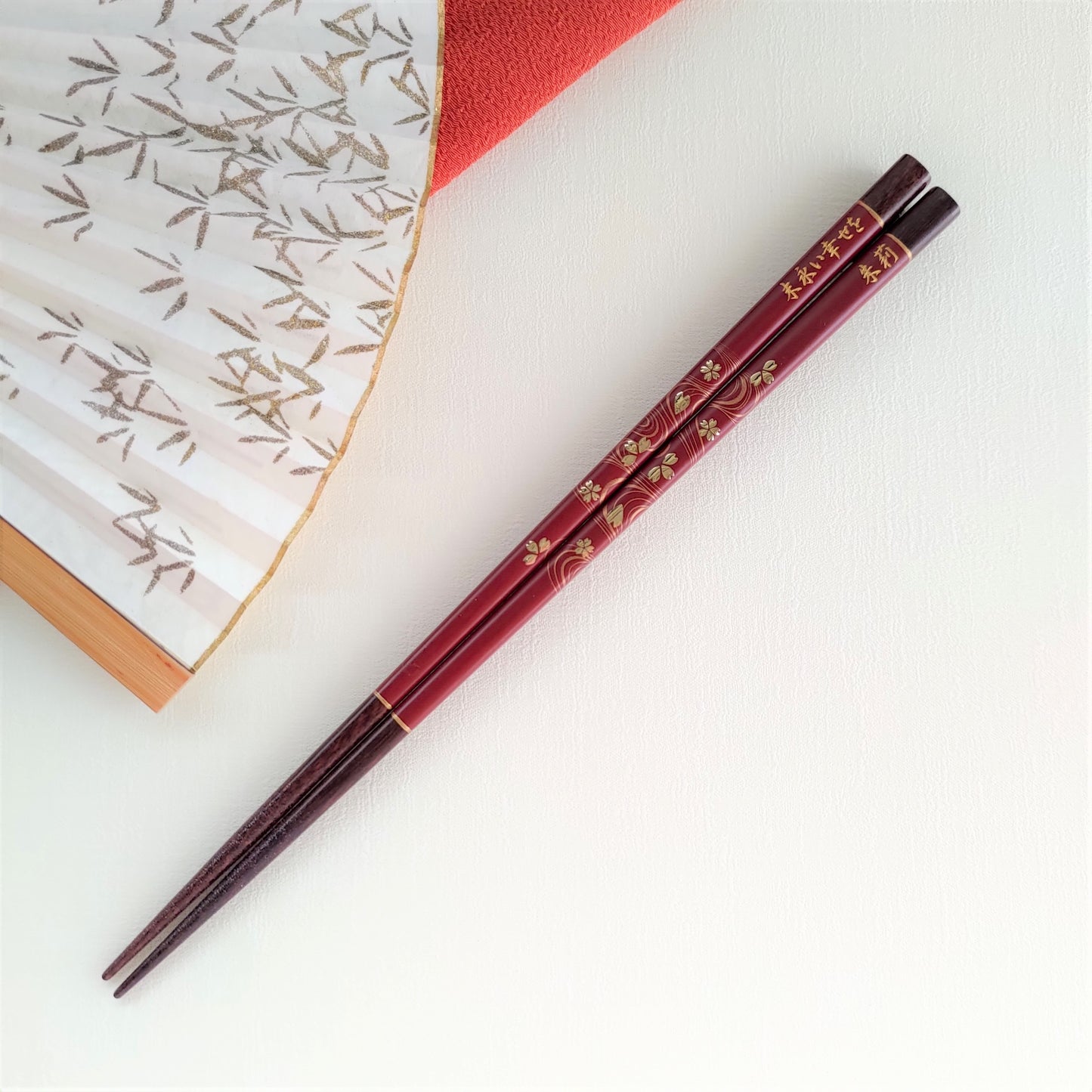 Elegant Japanese chopsticks with cherry blossoms on river stream black red - SINGLE PAIR WITH ENGRAVED WOODEN BOX SET