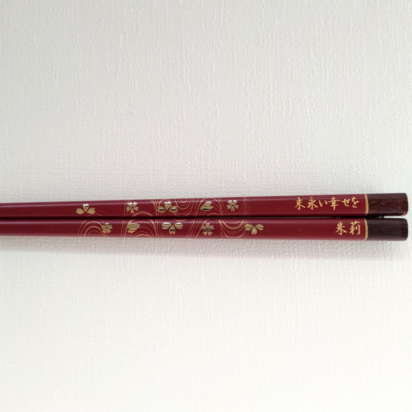 Elegant Japanese chopsticks with cherry blossoms on river stream black red - SINGLE PAIR WITH ENGRAVED WOODEN BOX SET