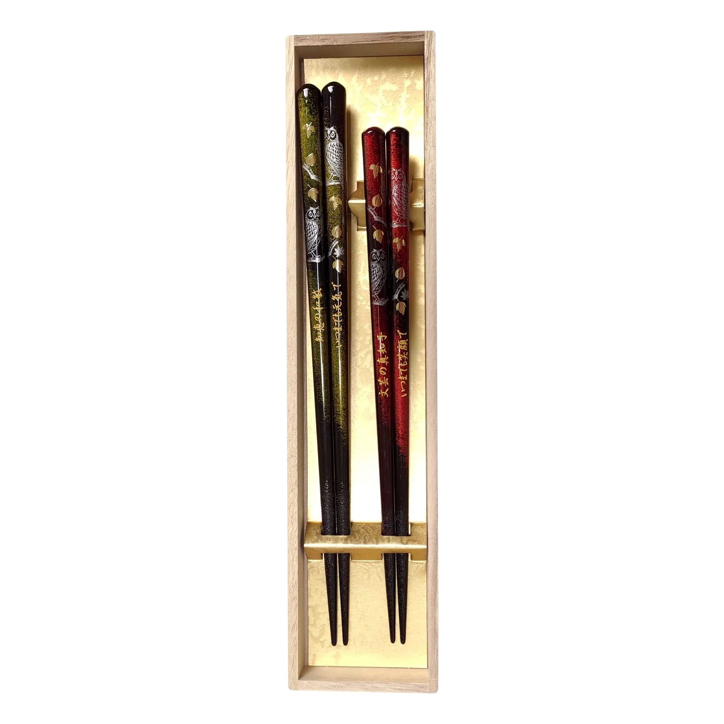 Luxury gold leaves and owls Japanese chopsticks green red - DOUBLE PAIR WITH ENGRAVED WOODEN BOX SET