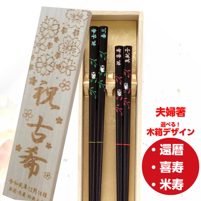 Luxury gold leaves and owls Japanese chopsticks green red - SINGLE PAIR