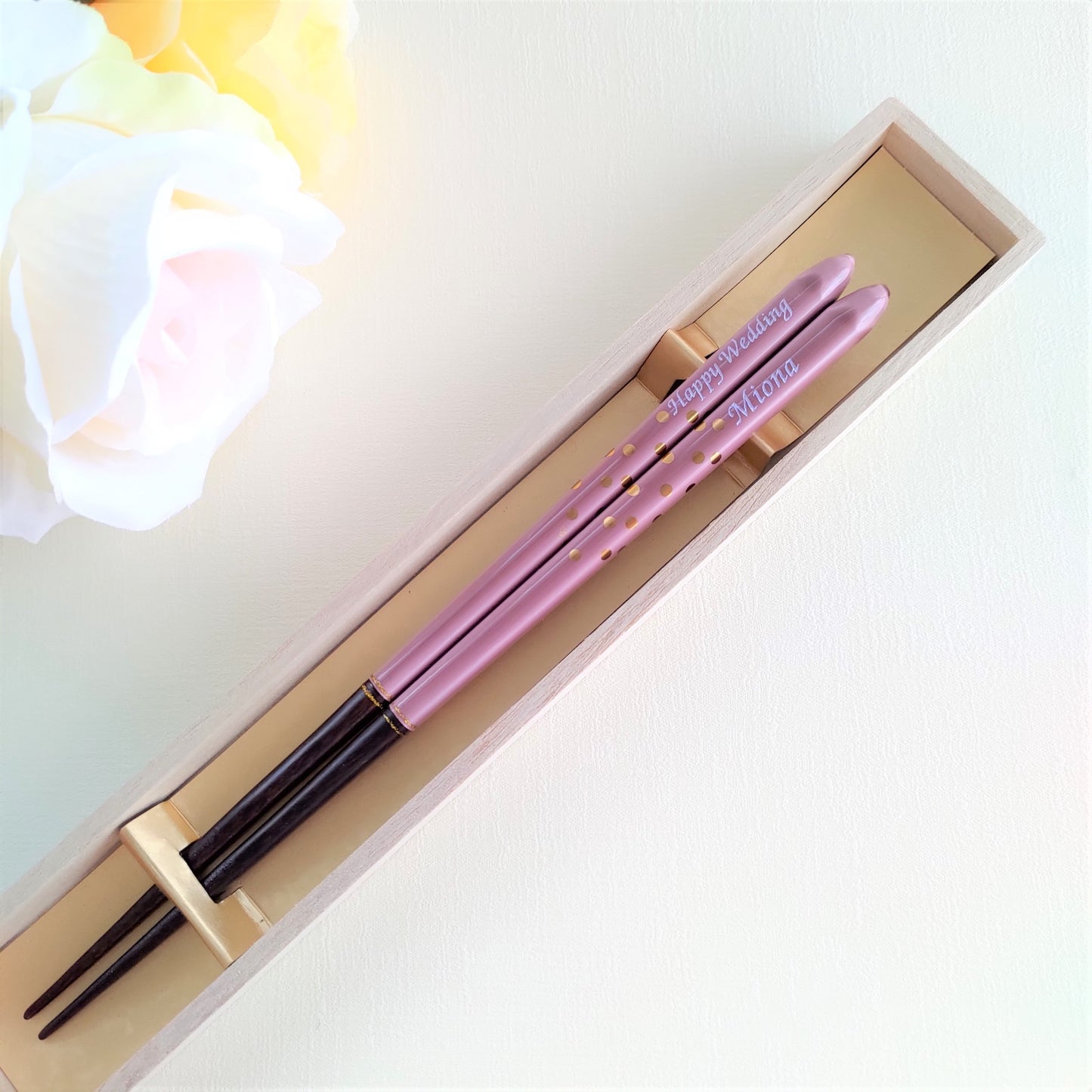 Golden spot Japanese chopsticks gray pink - SINGLE PAIR WITH ENGRAVED WOODEN BOX SET