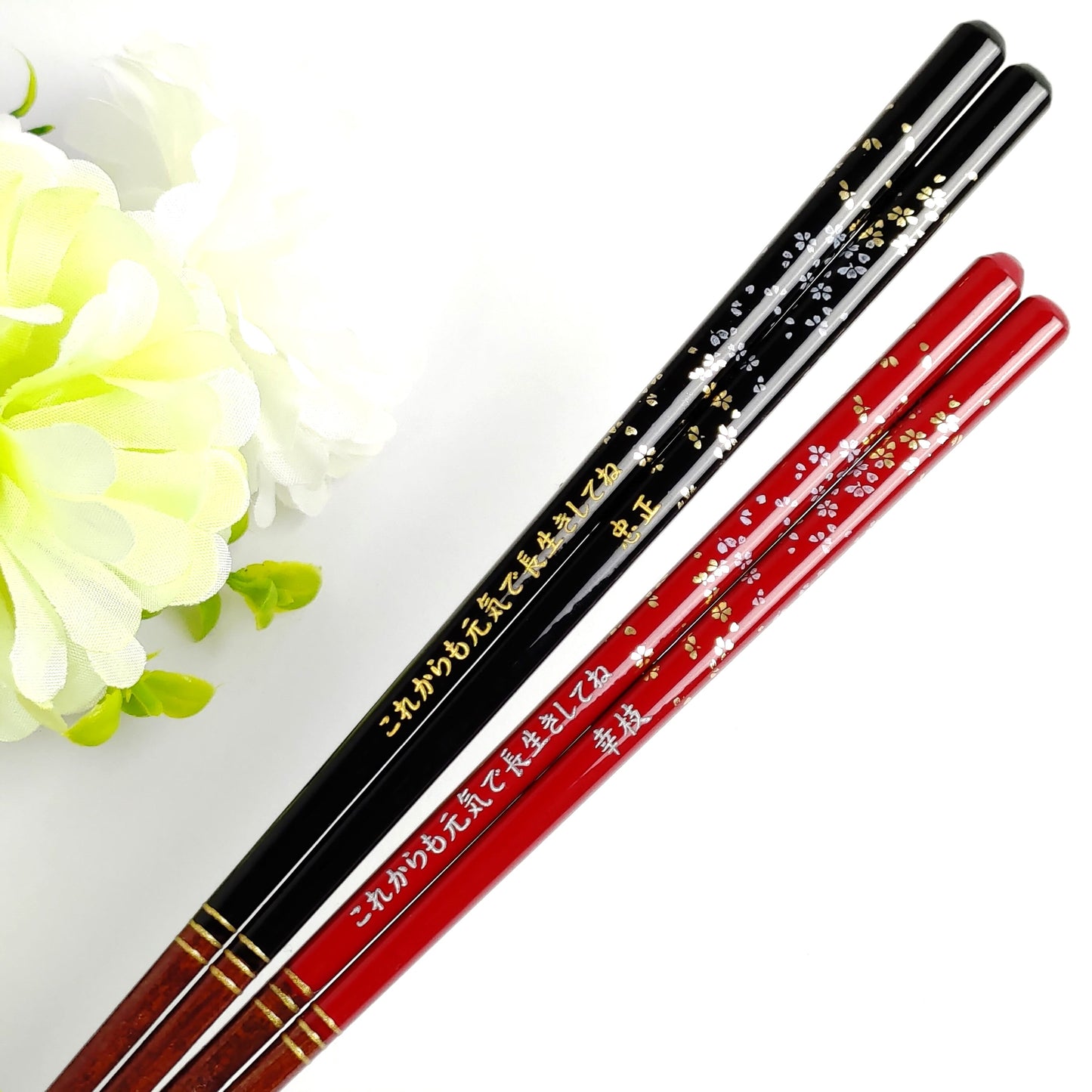 Sprinkled flowers Japanese chopsticks black red - SINGLE PAIR