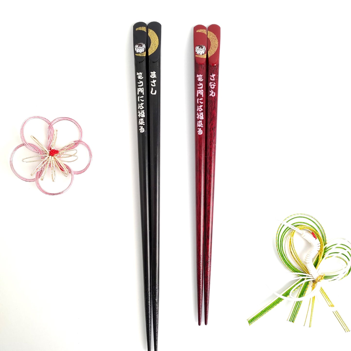 Awesome moon and owl design Japanese chopstics black red - SINGLE PAIR WITH ENGRAVED WOODEN BOX SET