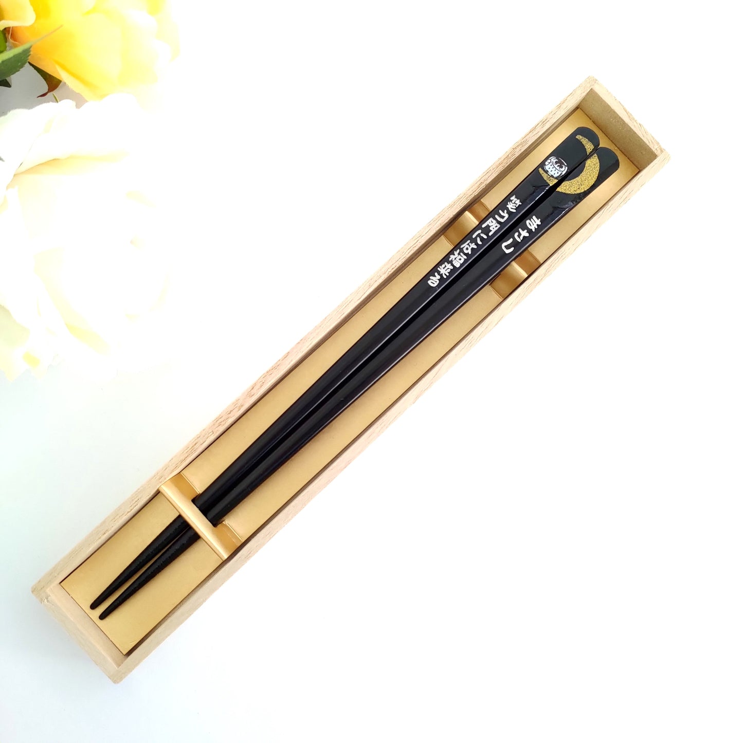 Awesome moon and owl design Japanese chopstics black red - SINGLE PAIR WITH ENGRAVED WOODEN BOX SET