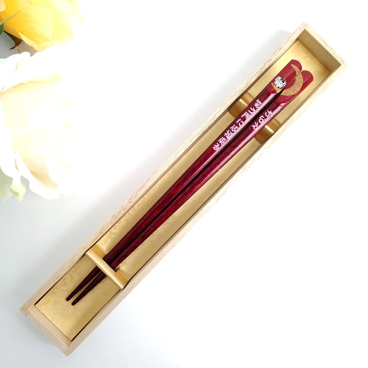 Awesome moon and owl design Japanese chopstics black red - SINGLE PAIR WITH ENGRAVED WOODEN BOX SET