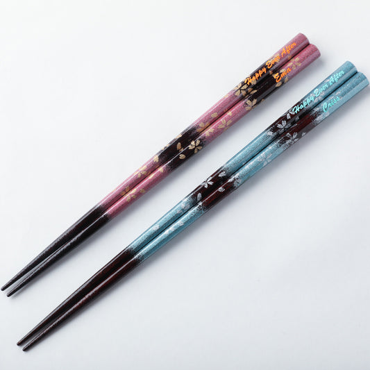 Octagonal blurred flowers on Japanese chopsticks blue pink - DOUBLE PAIR WITH ENGRAVED WOODEN BOX SET