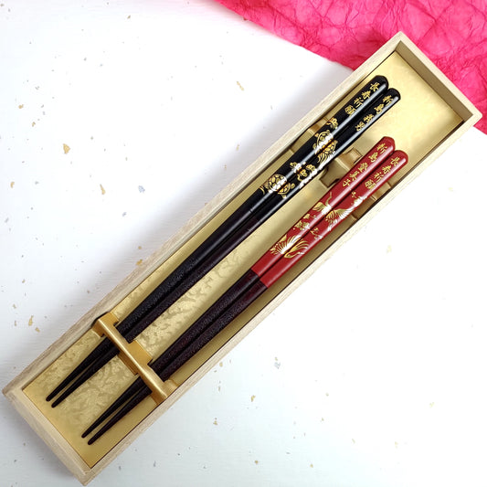Japanese chopsticks with gold lucky turtle and crane black red - DOUBLE PAIR WITH ENGRAVED WOODEN BOX SET