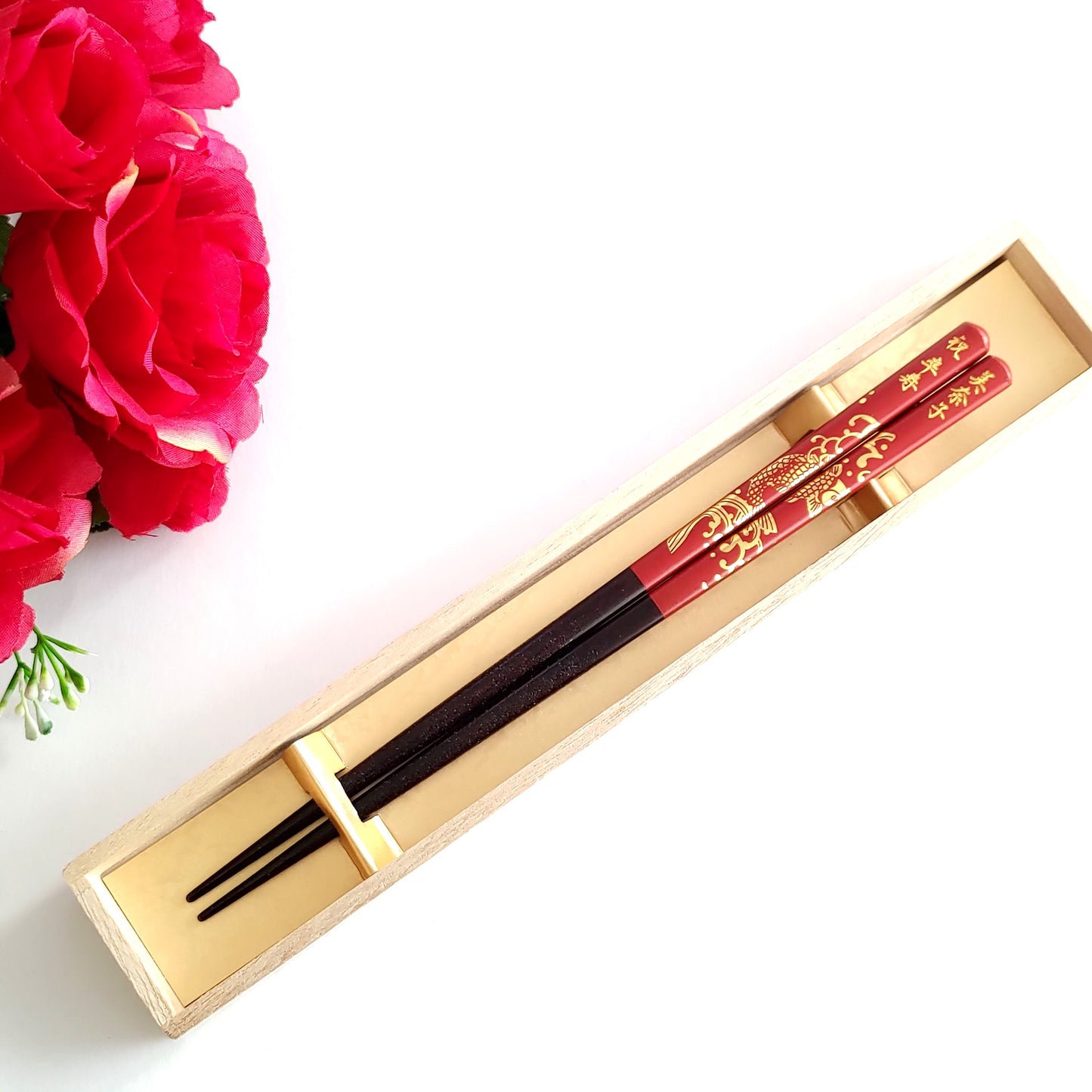 Golden legendary carp Japanese chopsticks black red - SINGLE PAIR WITH ENGRAVED WOODEN BOX SET