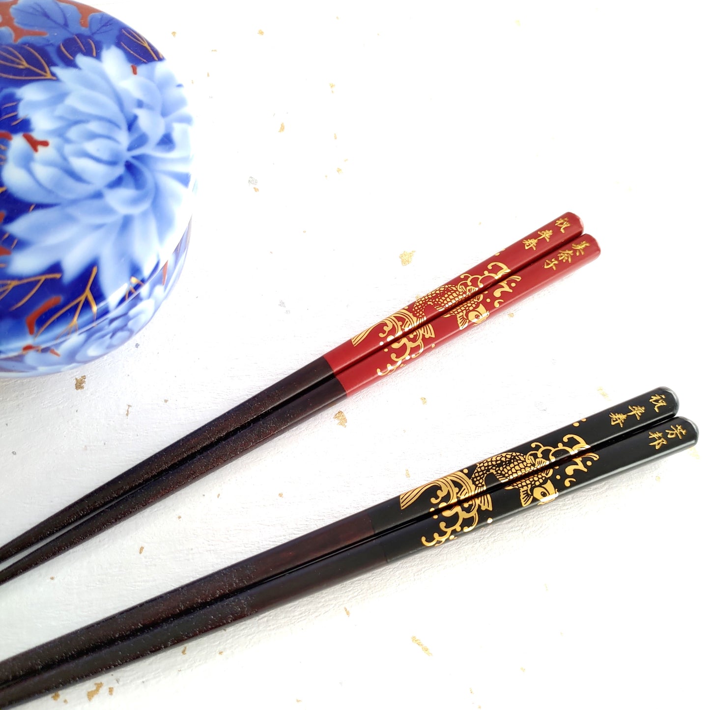 Golden legendary carp Japanese chopsticks black red - SINGLE PAIR WITH ENGRAVED WOODEN BOX SET