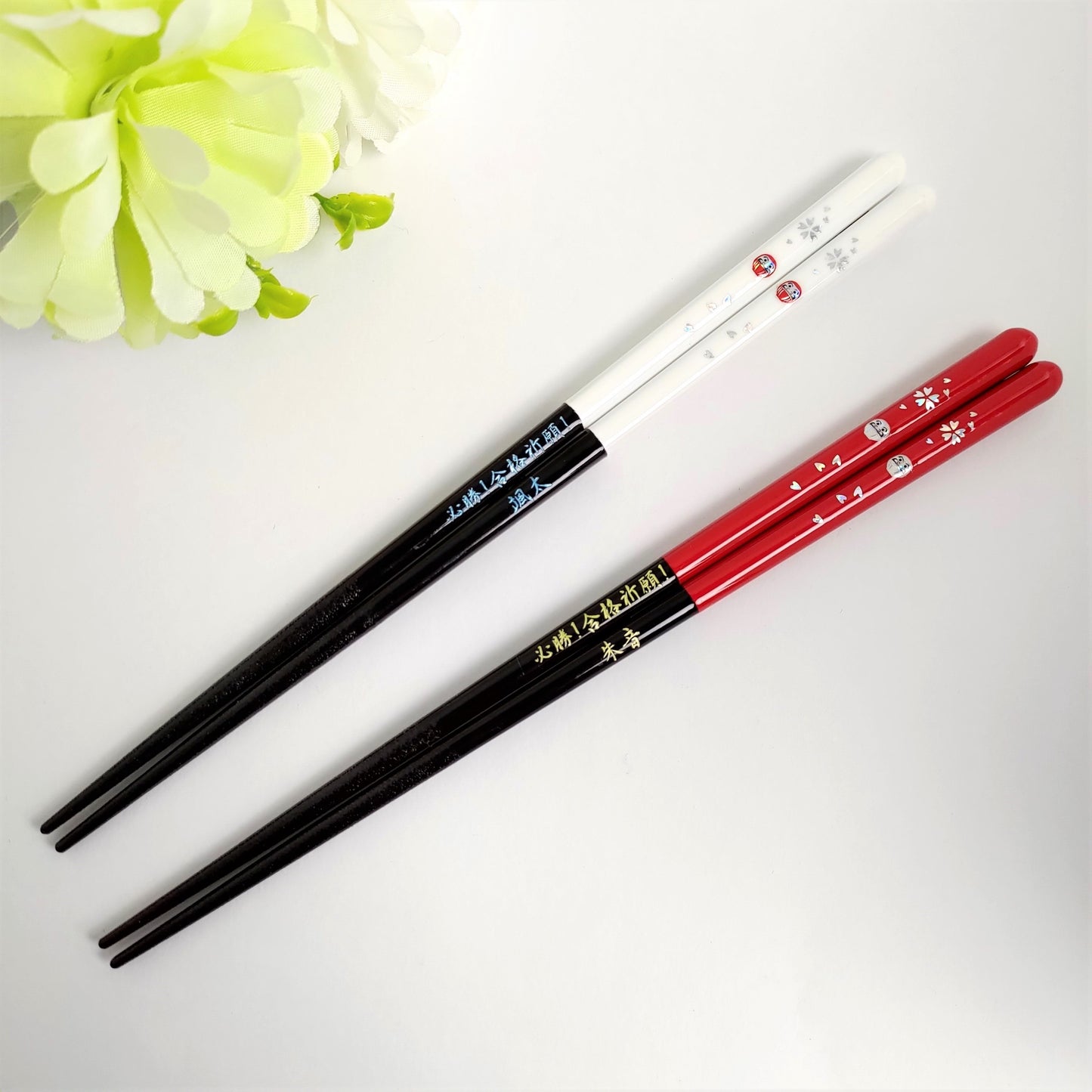 Lucky charm Daruma Japanese chopsticks white red - SINGLE PAIR WITH ENGRAVED WOODEN BOX SET