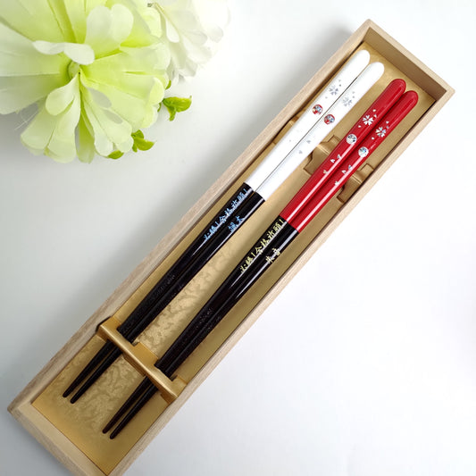 Lucky charm Daruma Japanese chopsticks white red - DOUBLE PAIR WITH ENGRAVED WOODEN BOX SET