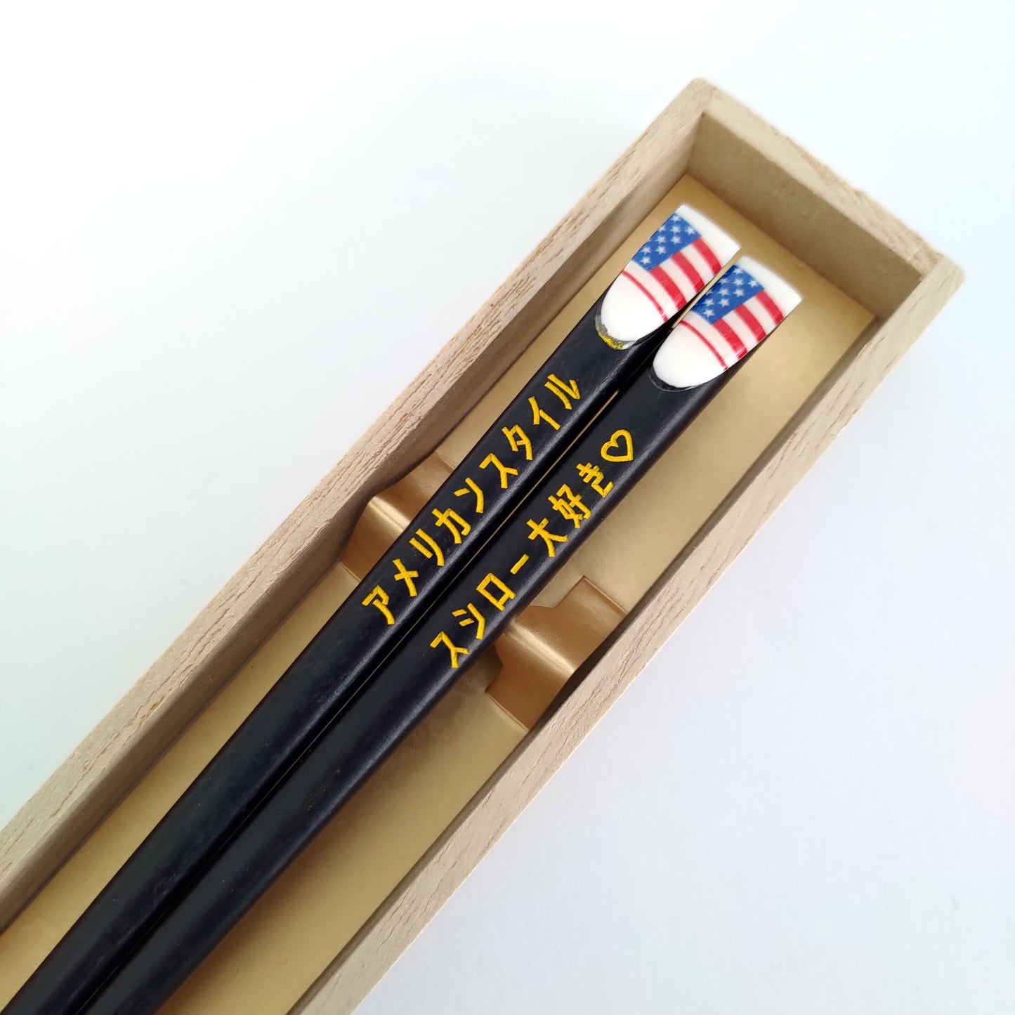 Swell Japanese chopsticks with american and japan flags - SINGLE PAIR WITH ENGRAVED WOODEN BOX SET