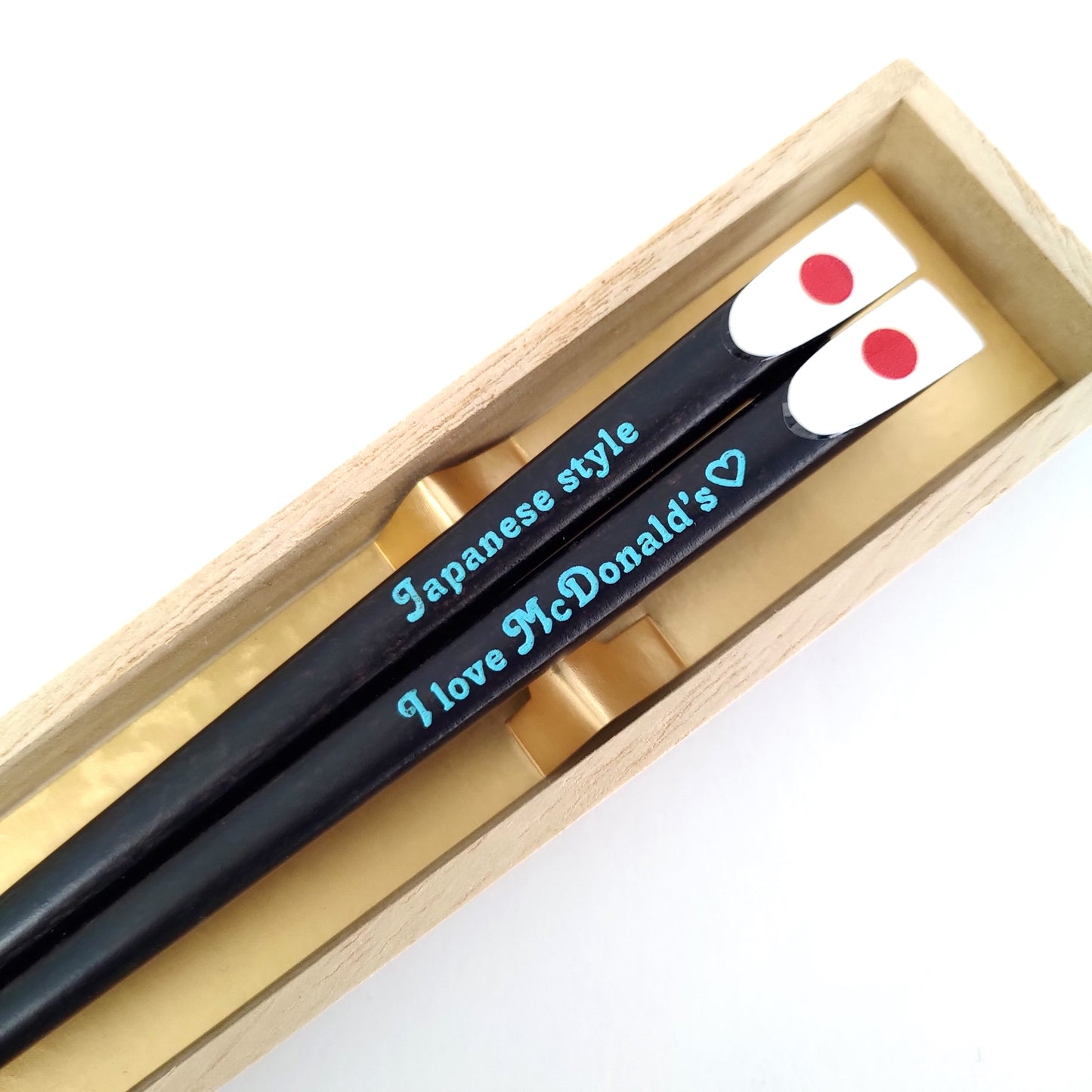 Swell Japanese chopsticks with american and japan flags - SINGLE PAIR WITH ENGRAVED WOODEN BOX SET