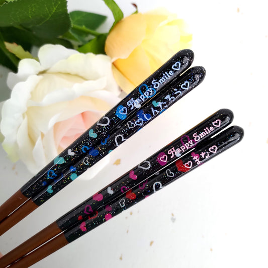 Cute Japanese chopsticks with shiny heart design blue pink - SINGLE PAIR
