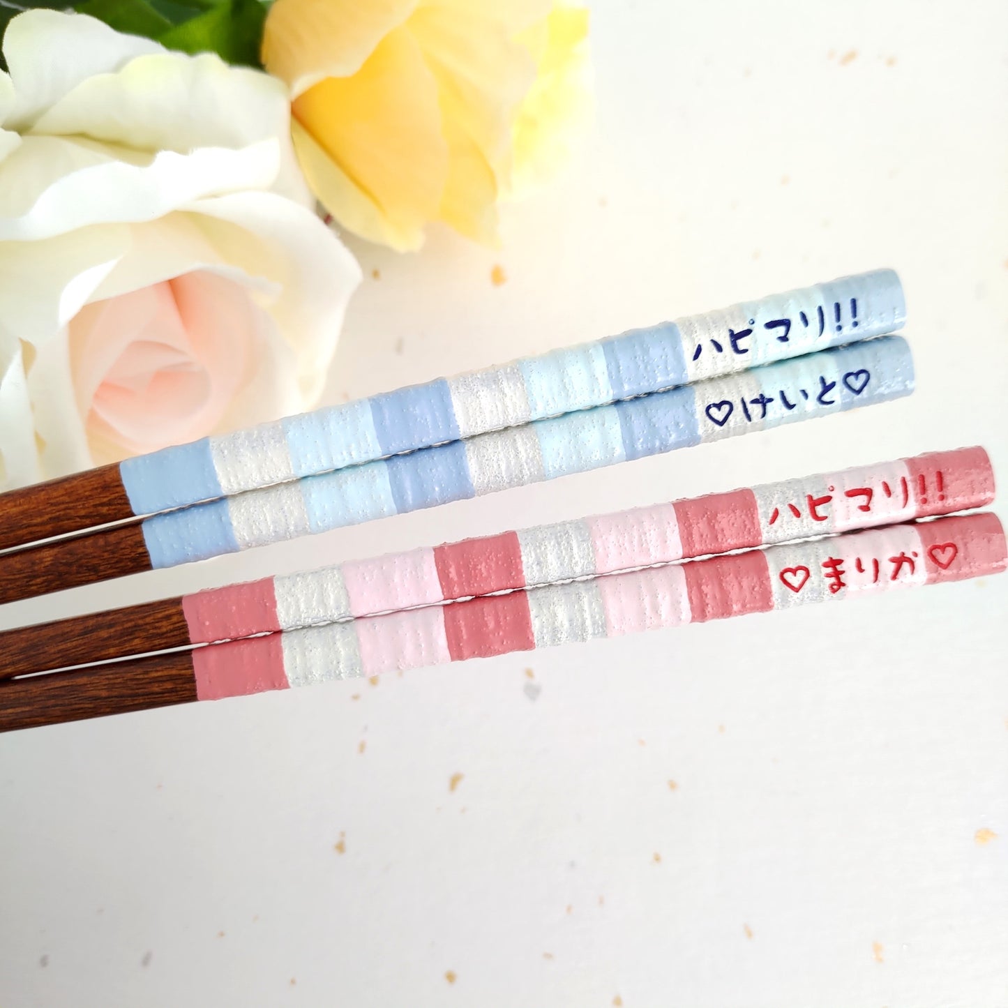 Beautiful Japanese chopsticks with milky stripes design blue pink - SINGLE PAIR