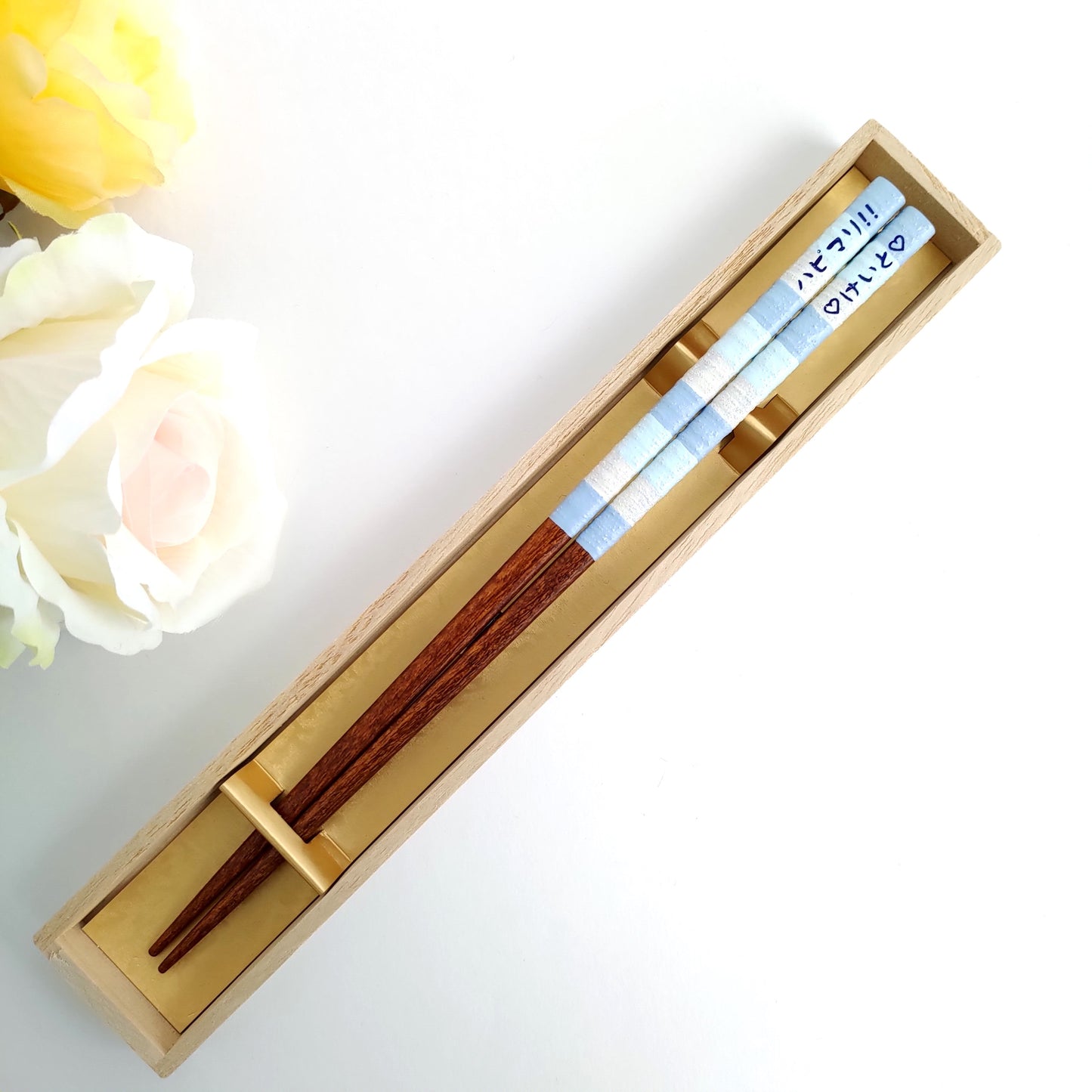 Beautiful Japanese chopsticks with milky stripes design blue pink - SINGLE PAIR WITH ENGRAVED WOODEN BOX SET