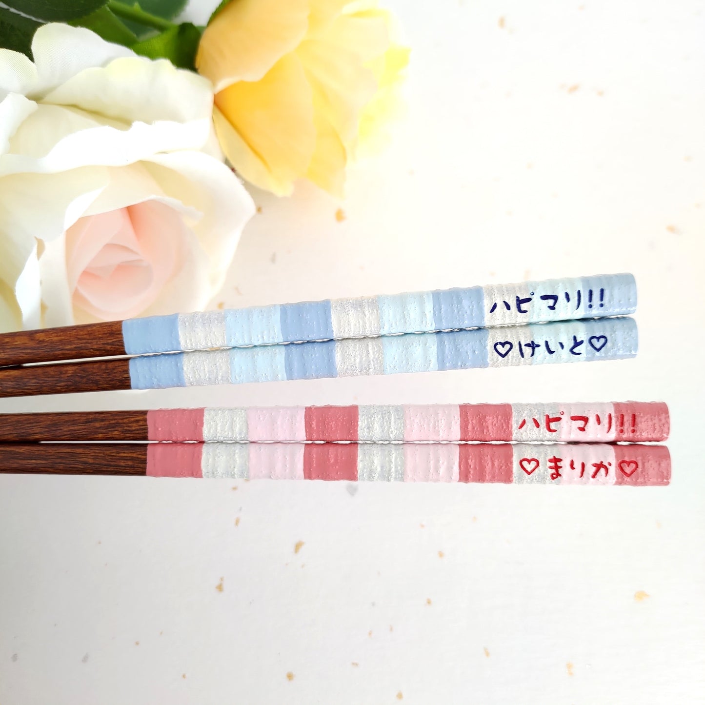 Beautiful Japanese chopsticks with milky stripes design blue pink - DOUBLE PAIR WITH ENGRAVED WOODEN BOX SET