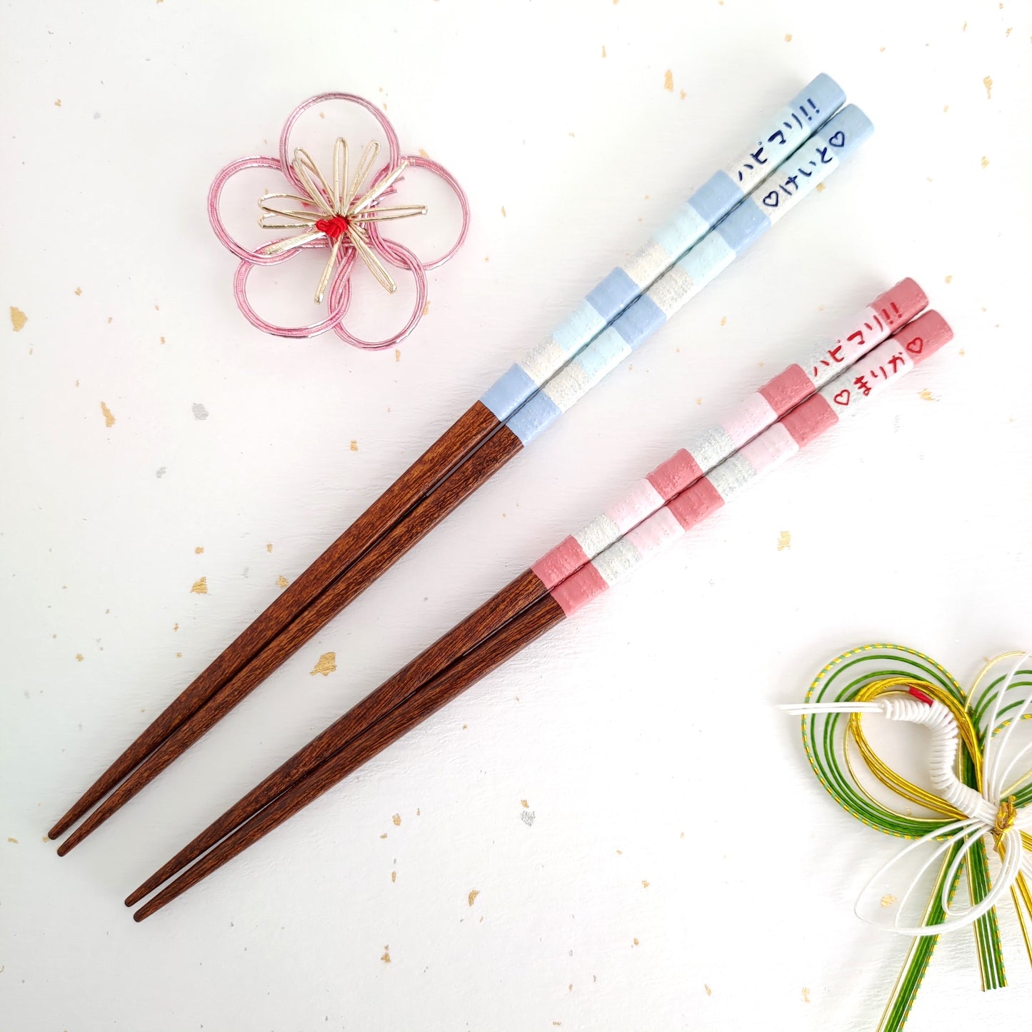 Beautiful Japanese chopsticks with milky stripes design blue pink - DOUBLE PAIR WITH ENGRAVED WOODEN BOX SET