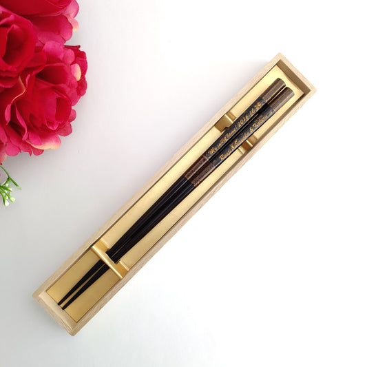 Octagonal cherry blossoms Japanese chopsticks brown red - SINGLE PAIR WITH ENGRAVED WOODEN BOX SET