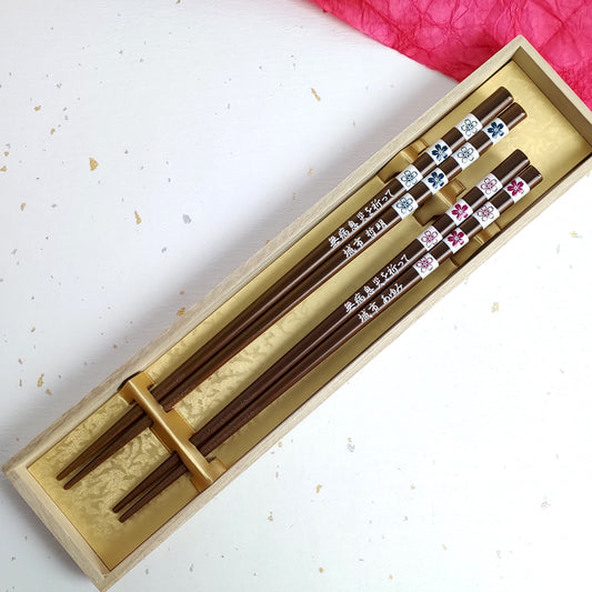 Square Cherry blossom magnetism Japanese chopsticks blue pink - DOUBLE PAIR WITH ENGRAVED WOODEN BOX SET