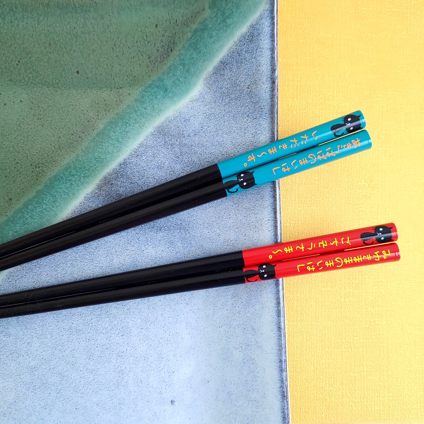 Black cat Japanese chopsticks blue red - SINGLE PAIR