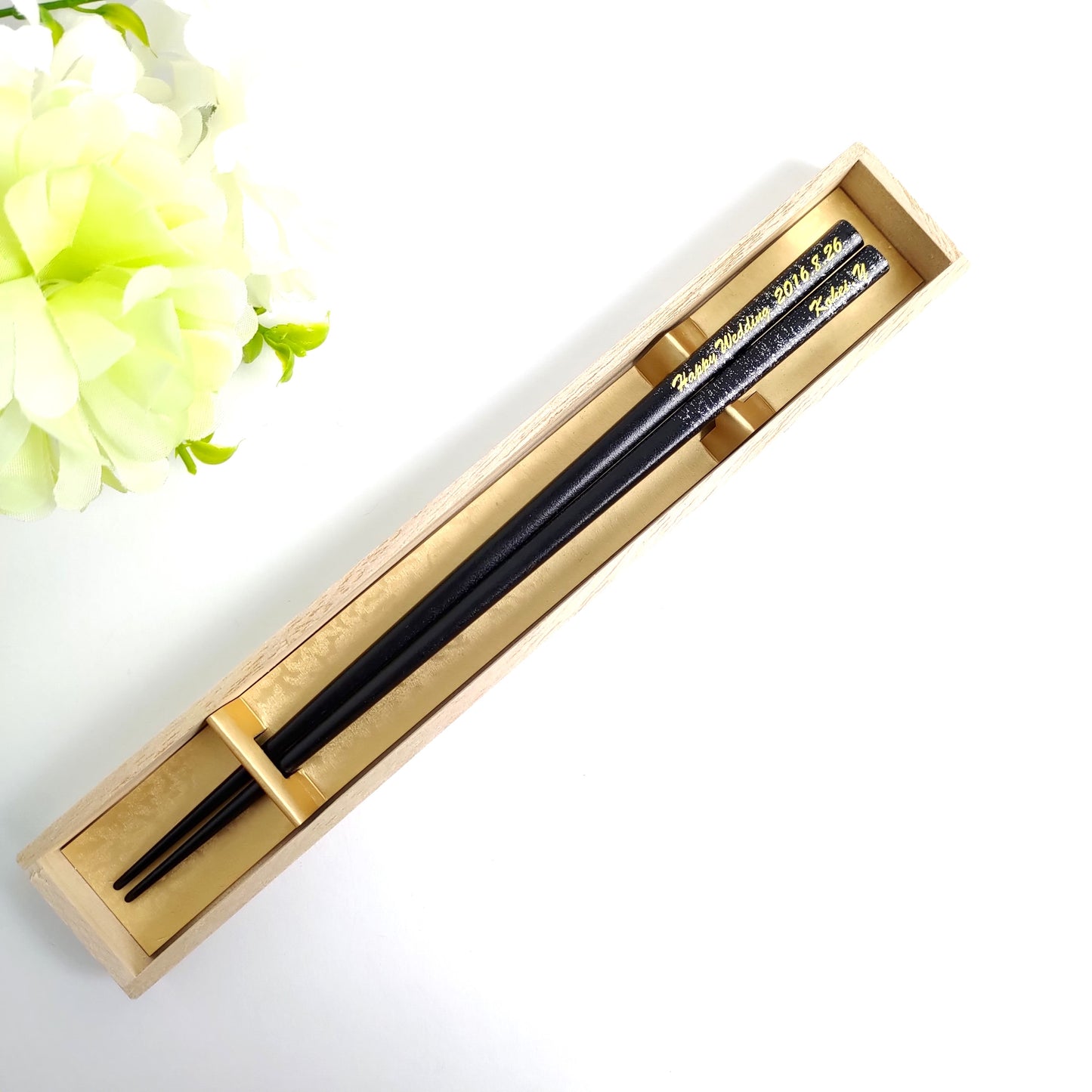 Snow falls Japanese chopsticks black red - SINGLE PAIR WITH ENGRAVED WOODEN BOX SET