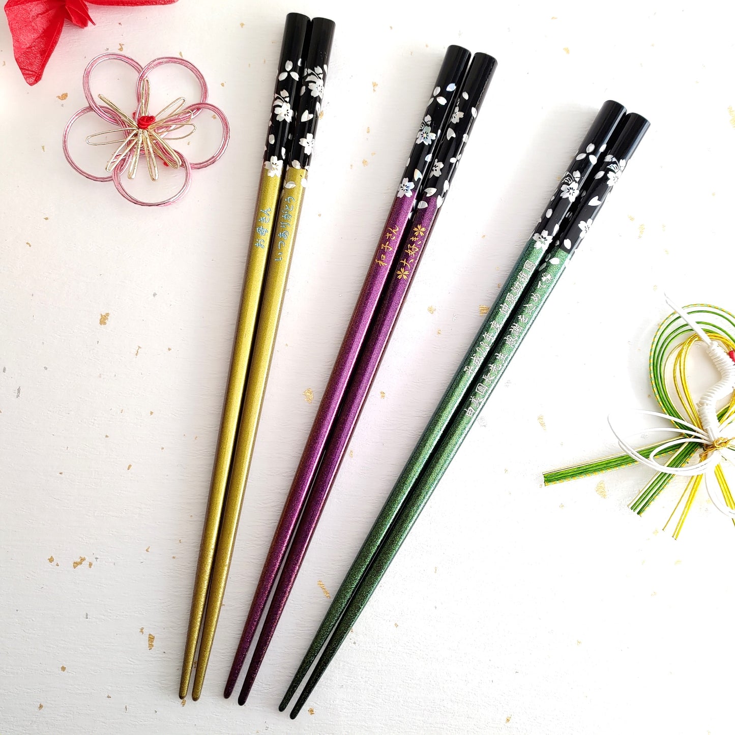 Silver cherry blossoms Wakasa Japanese chopsticks multicolour - SINGLE PAIR WITH ENGRAVED WOODEN BOX SET