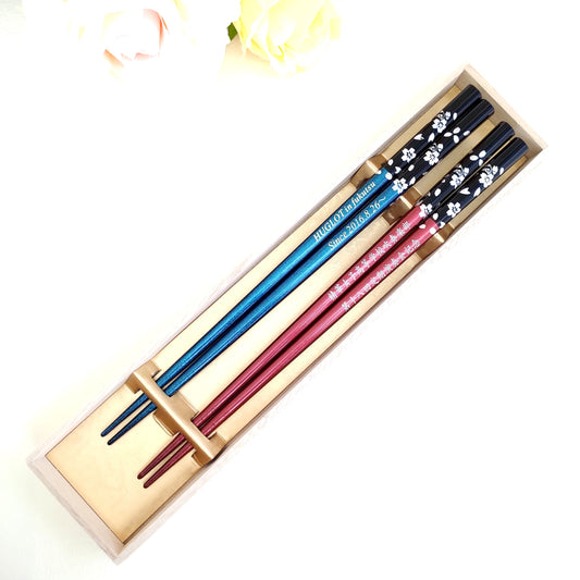 Silver cherry blossoms Wakasa Japanese chopsticks multicolour - DOUBLE PAIR WITH ENGRAVED WOODEN BOX SET