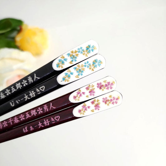 Cute tiny flower blue pink - DOUBLE PAIR WITH ENGRAVED WOODEN BOX SET