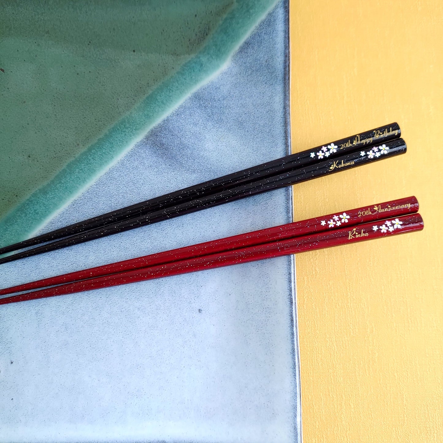 Galaxy flowers Japanese chopsticks black red - SINGLE PAIR WITH ENGRAVED WOODEN BOX SET